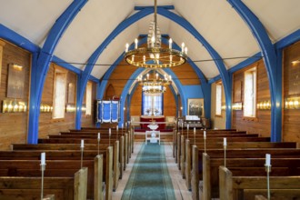 Church interior with wooden benches, church, Inuit settlement Ittoqqortoormiit, Scoresbysund or