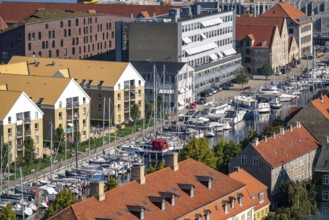 Panoramic view over the city centre of Copenhagen, Christianshavn, sailboats in Wilders Plads