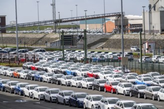 Emden, Cars waiting in the harbour for shipment, VW plant, East Frisia, Lower Saxony