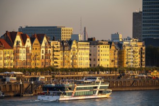 Skyline of Düsseldorf on the Rhine, Oberkassler Bridge, Old Town, riverside promenade, Düsseldorf,