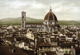 The Cathedral, Panoramic view from Palazzo Vecchio, Florence, Italy, Historical, Digitally restored