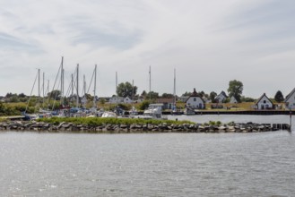 Idyllic little harbour with sailing boats and white houses in the background, Rügen, Hiddensee