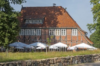 Gasthaus Heidemuseum, half-timbered house, Wilsede, Bispingen, Lüneburg Heath, Lower Saxony,