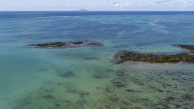 Bird's eye view of aerial view of lagoon at Cap Malheureux, reef edge in the background, Mauritius,