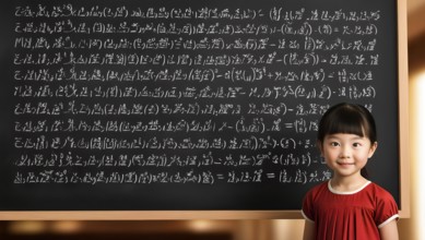 A little girl stands in front of a blackboard with a very long formula, symbolic image knowledge,