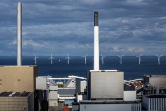 Wind turbines, offshore wind farm east of Copenhagen, in the Øresund, Amager power station is a