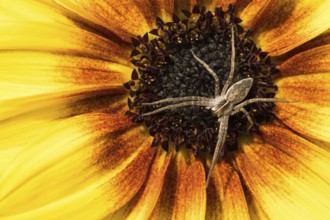 Close-up view of a list spider (Pisaura mirabilis) crawling on the centre of a large yellow