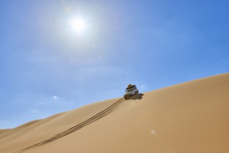 Off-road vehicle drives over a sand dune under a bright blue sky in the desert, Matruh, Great Sand