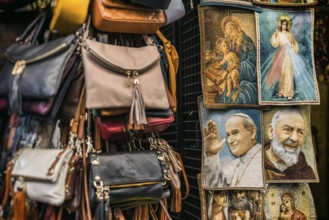 Christian images, Pope, Jesus, Mary, handbag souvenir, shop, Florence, Italy, Europe