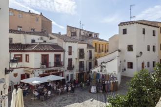 View of old town houses, cafés and narrow alleyways, Granada