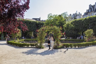 A sunny garden in the city with trees and people out for a walk, Paris