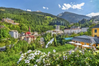 Panorama of the historic town centre with waterfall of the Gasteiner Ache, Bad Gastein, Gastein