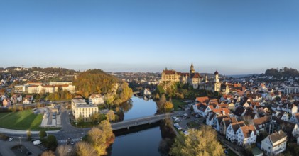 Aerial view, panorama of the town of Sigmaringen with the Hohenzollern castle, a sight and tourist