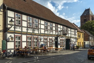 Half-timbered house restaurant Zur Post in Tangermünde, Saxony-Anhalt, Germany, Europe