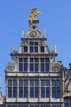 Historic Sint-Joris guild house, guild house, figure on the gable of St George slaying dragons,