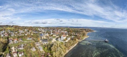 Aerial view, panorama of the municipality of Gaienhofen on the south side of the Höri peninsula