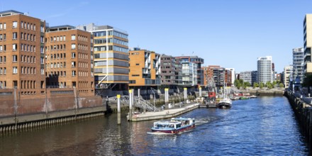 Building in the HafenCity Sandtorhafen harbour with boats panorama in Hamburg, Germany, Europe