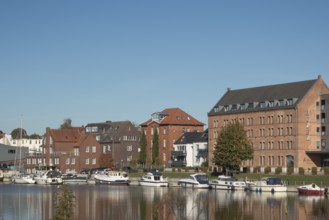 Leisure harbour, moorings, motorboats, Leer, East Frisia, Germany, Europe