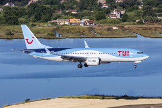 A Boeing 737-8 MAX aircraft of TUI with the registration D-AMAB at the airport in Corfu, Greece,