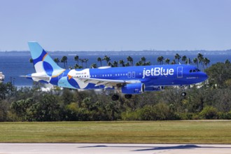 A JetBlue Airways Airbus A320 aircraft with the registration number N566JB at Tampa Airport, USA,