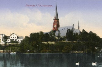 The castle pond in Chemnitz in 1913, postcard, Saxony, Germany, digitally enhanced reproduction