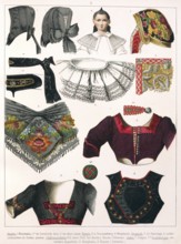 Traditional costumes in Germany around 1820, various clothing details, traditional garments with