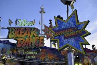 Sign on the Break Dance ride at the Oktoberfest, Munich, Bavaria, Germany, Europe