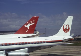 Tail fins of Quantas and Japan Airlines aircraft JAL8031 Douglas DC 8 60/70 in 1974