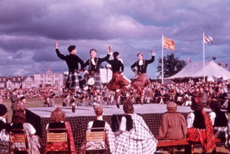 Men dancing at Scottish Highland games, Aboyne, Scotland, UK c 1960s