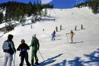 Skiing at Lake Louise ski resort, Banff National Park, Alberta, Rocky Mountains, Canada, 1981,