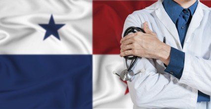 Doctor with stethoscope on Panama flag. Doctor holding stethoscope on Panama flag