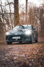 Black car on a forest path with shining headlights in an autumnal ambience, e-car sharing vehicle