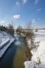 Hamm, North Rhine-Westphalia, Germany - Sunny winter landscape in the Ruhr area, ice and snow on