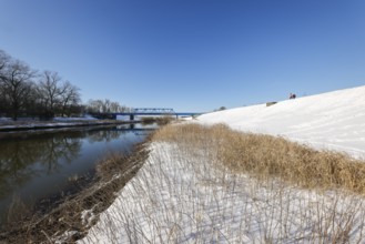 Dorsten, North Rhine-Westphalia, Germany - Sunny winter landscape in the Ruhr area, ice and snow on