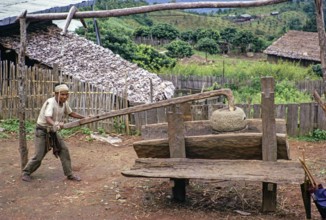 Man with an old grain pestle in a rural village, Northern Thailand, Asia 1971