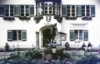 Mozart fountain and town hall, St. Gilgen, Salzburg province, Salzkammergut, Austria, Europe 1960,