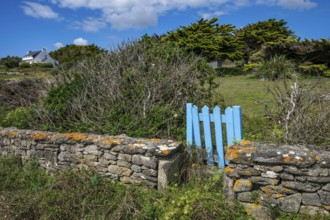 Pors Poulhan, Brittany, France - Picturesque dry stone wall with blue garden gate on the GR36