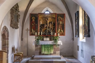 Altar of the fortified church of St George in Kraftshof, Nuremberg, Bavaria, Germany, Europe