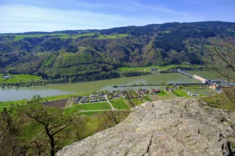 Ebenstein Chapel vantage point, view of the Danube and Jochenstein power station, Donauleite,