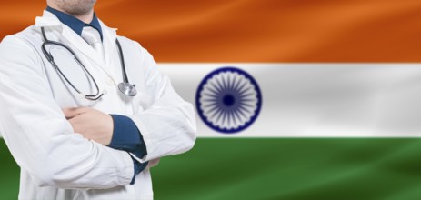 India Health and Care concept. Professional doctor on India flag. Doctor with crossed arms on India