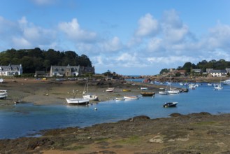 Small boats in the harbour at low tide with houses along the shore and blue sky with a few clouds,