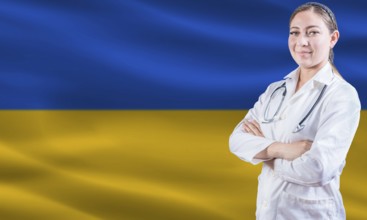 Female doctor on Ukraine flag. Doctor with crossed arms on Ukraine flag. Ukraine Health and Care