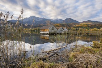 Boathouses in the lake at sunrise, Lake Kochel in autumn with reflection, behind mountain peaks