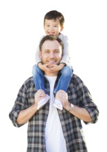 Happy Mixed-race father and son riding piggyback isolated on a white background