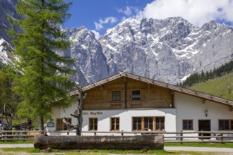 Restaurant Rasthütte on the Eng-Alm in spring, Eng-Alm, Karwendel Mountains, Tyrol, Austria, Europe