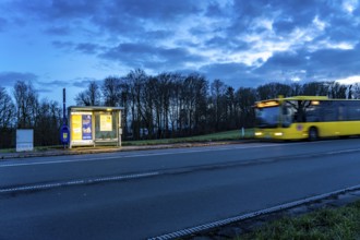 Bus stop Am Treppchen, in the evening, illuminated, Meisenburger Straße, Essen-Schuir, line 142, in