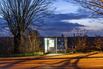 Bus stop Pierburg, in the evening, illuminated, Meisenburger Straße, Essen-Schuir, line 142, in the