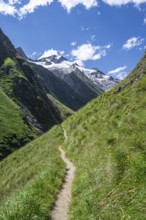 Hiking trail in the Umbaltal valley, glaciated mountain peaks behind, Venediger Group, Hohe Tauern