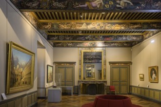 Historical paintings and painted wooden ceiling in the Palais de la Berbie, Albi, Département Tarn,