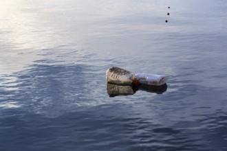 Plastic bottles on the water surface, Lake Kerkini, Greece, Europe